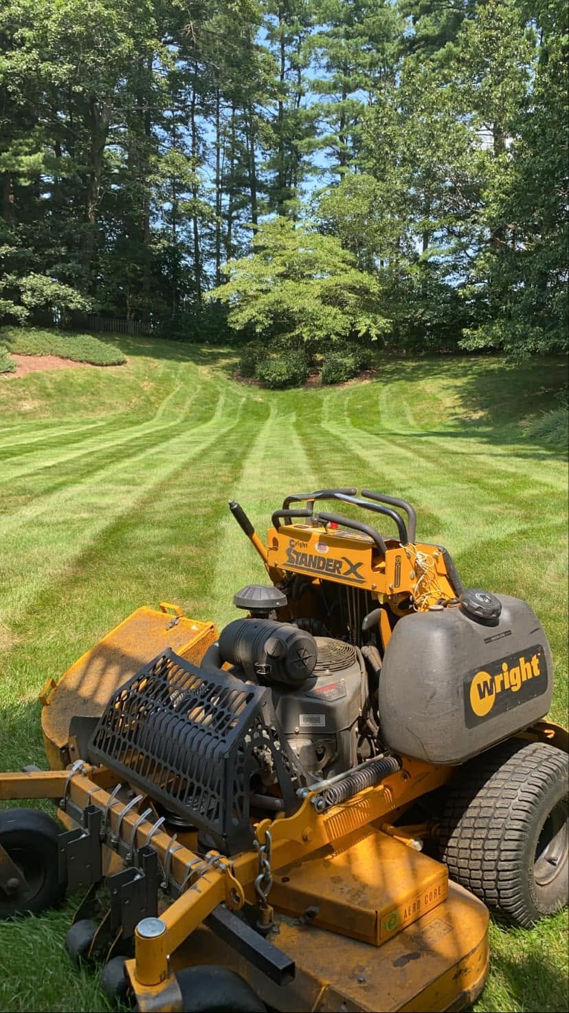 Stand-on mower cutting stripes into a green lawn