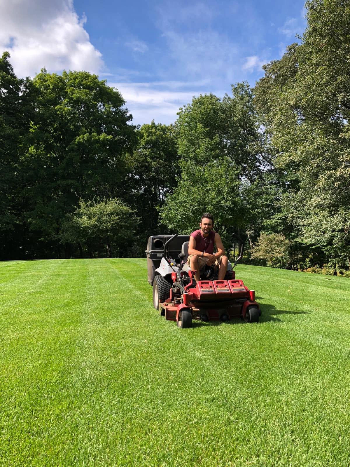 Landscaper mowing a green suburban lawn with a commercial mower